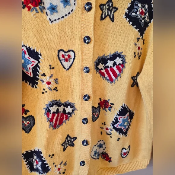 VTG Heirloom Collectibles Patriotic Americana Cardigan XL Yellow Embroidered - Picture 3 of 10